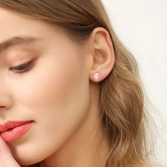 Alicia Bonnie Halo Oval Stud Earrings Rose Gold Crystal Rose Quartz Sparkly - Picture 5 of 6